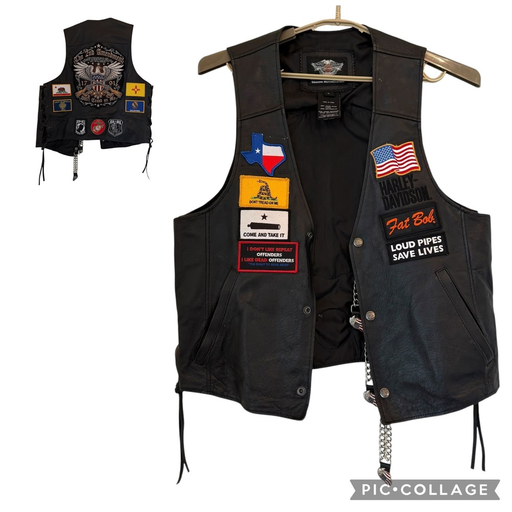 Harley Davidson Men Black Leather Biker Vest Extenders Patches Motorcycle‎ Large